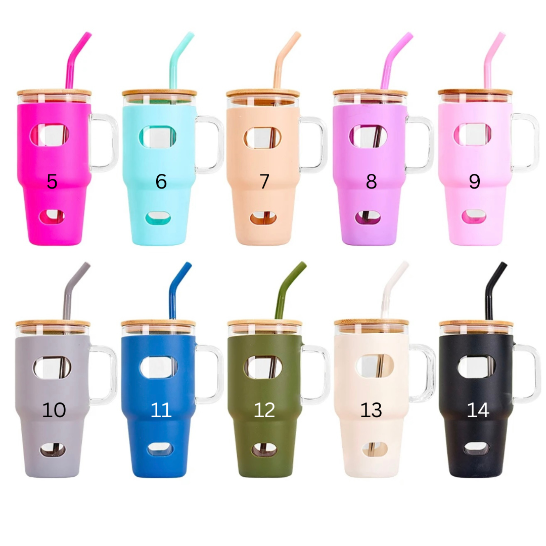 32 oz Glass Mug Tumbler W/Bamboo lid, Stainless Steel Straw Cali Bees