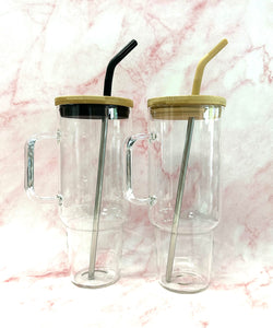 40 oz Glass Mug Tumbler W/Bamboo lid, Stainless Steel Straw