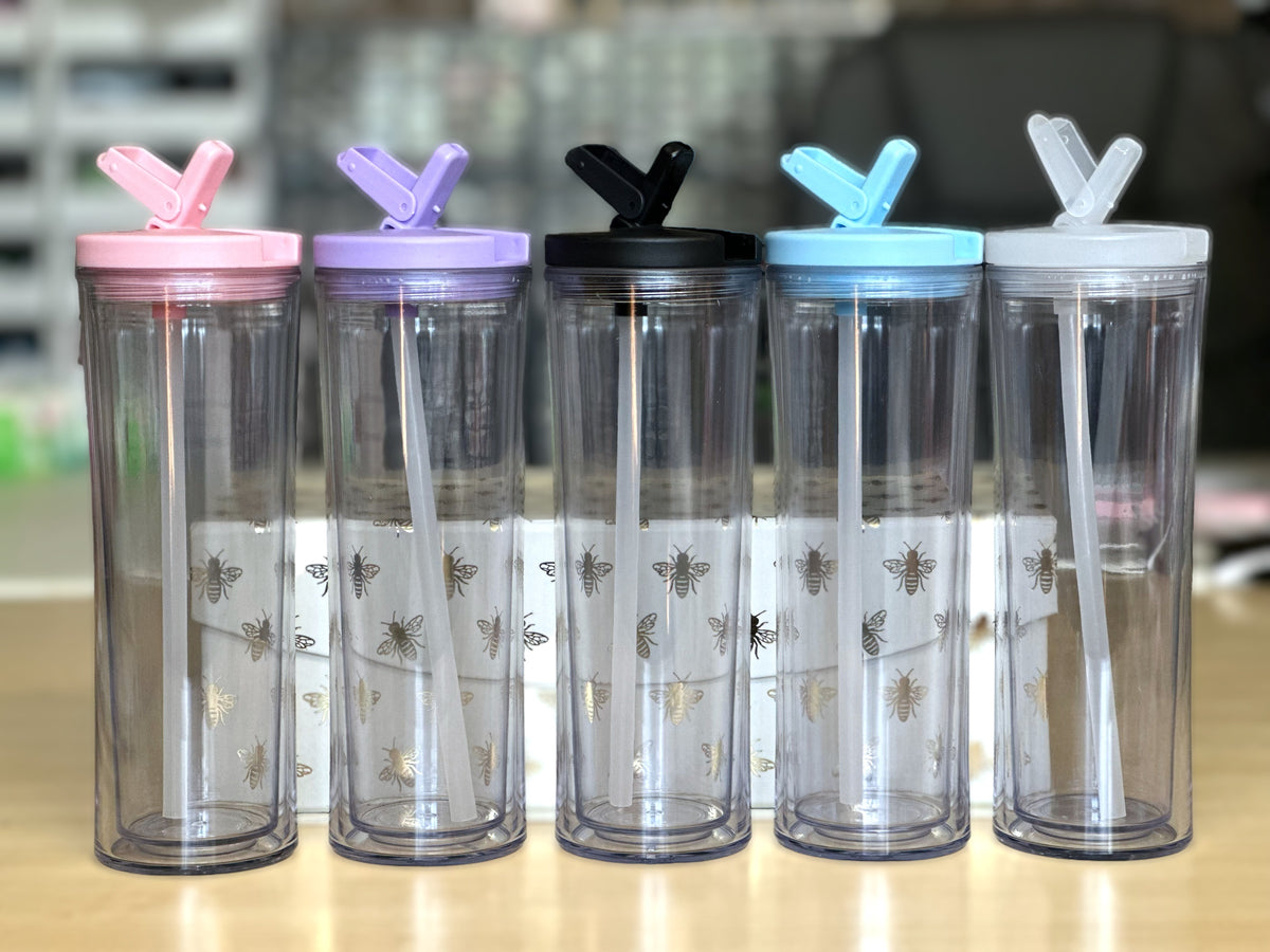 24 oz or 16 oz Clear Double Wall Tumbler W/Fillable Lid – Cali Bees  Creations