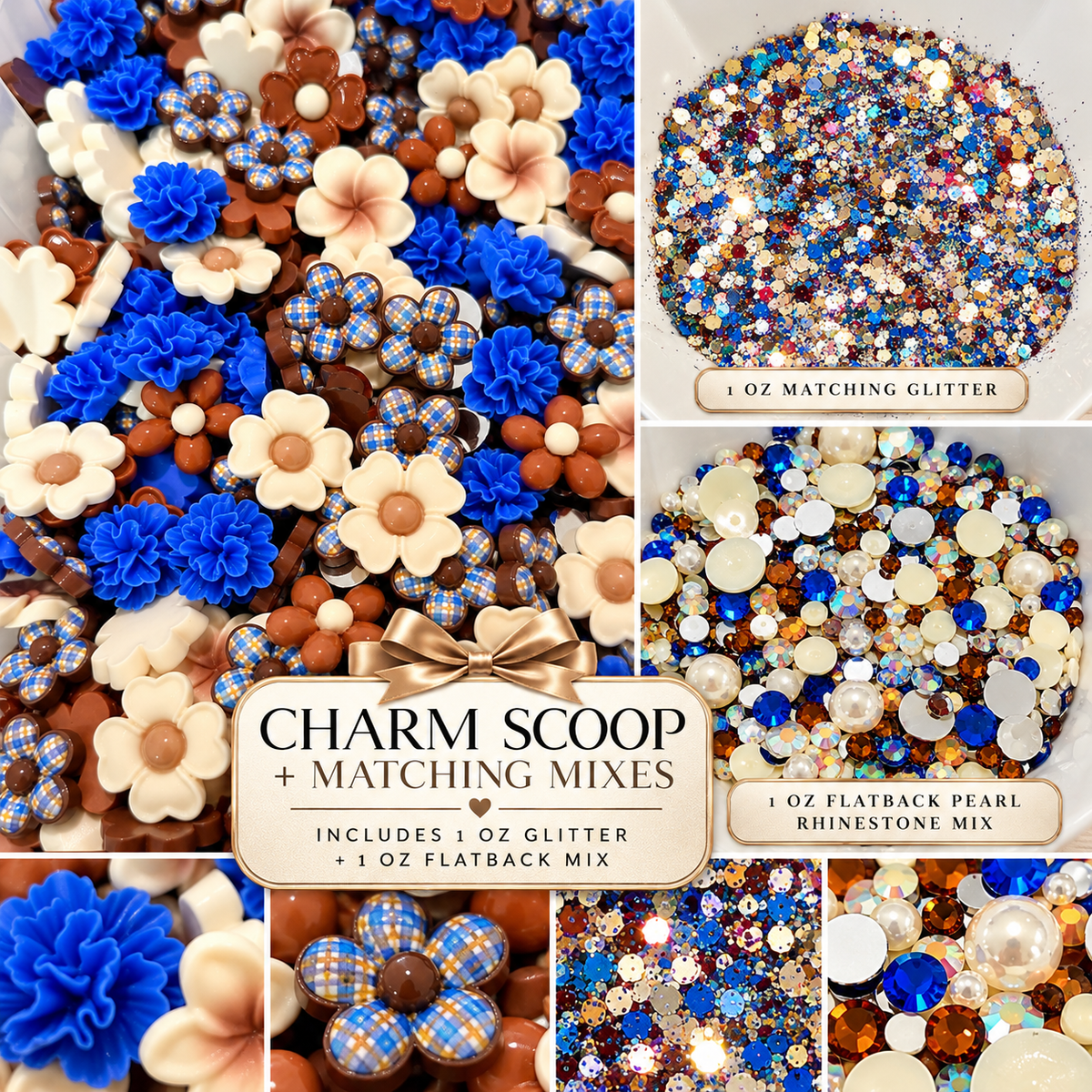 Flat Back Flower & Charm Mix With Matching Glitter & Flat Back Rhinestone Pearl Mix, Blue Bliss