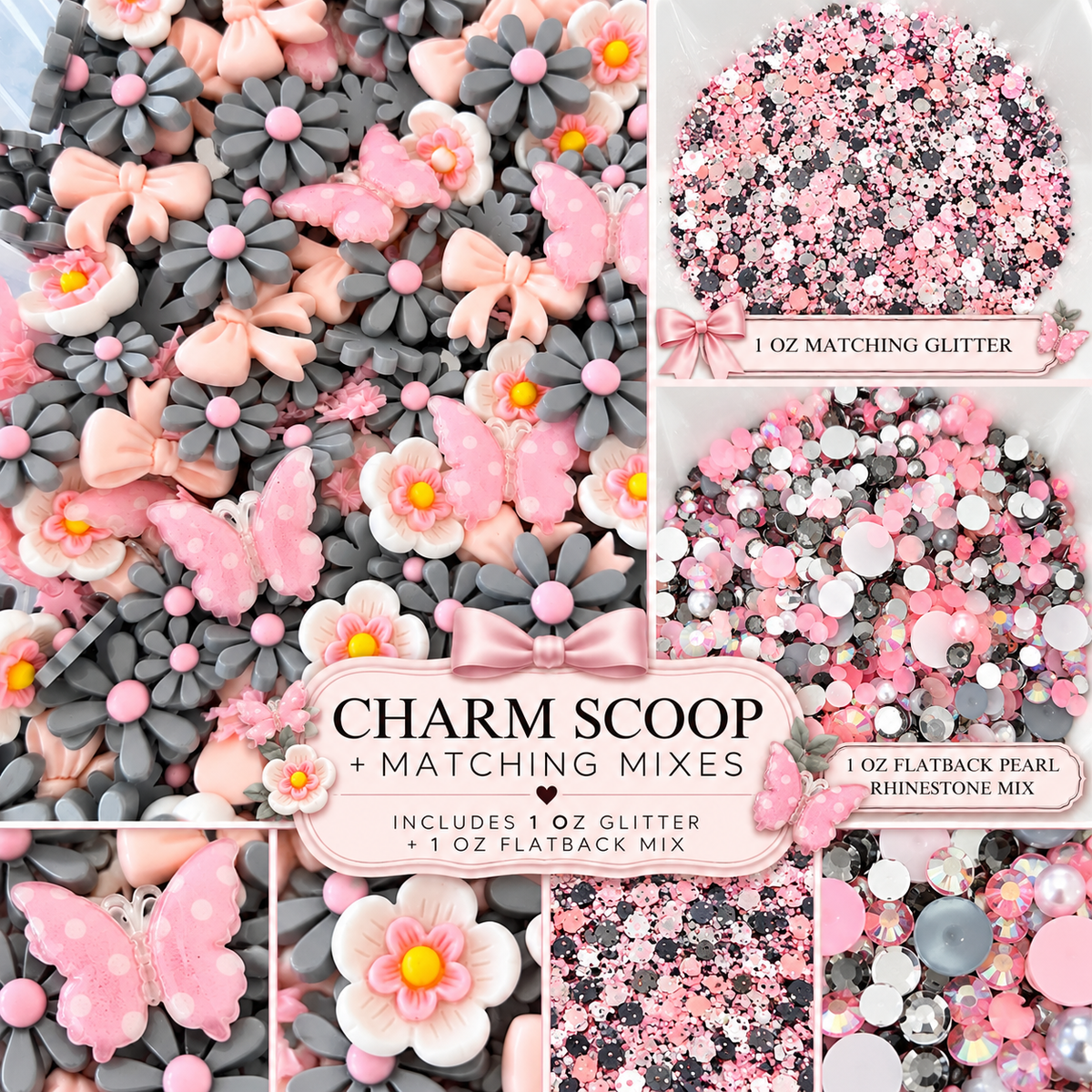 Flat Back Flower & Charm Mix With Matching Glitter & Flat Back Rhinestone Pearl Mix, Stony Brooks