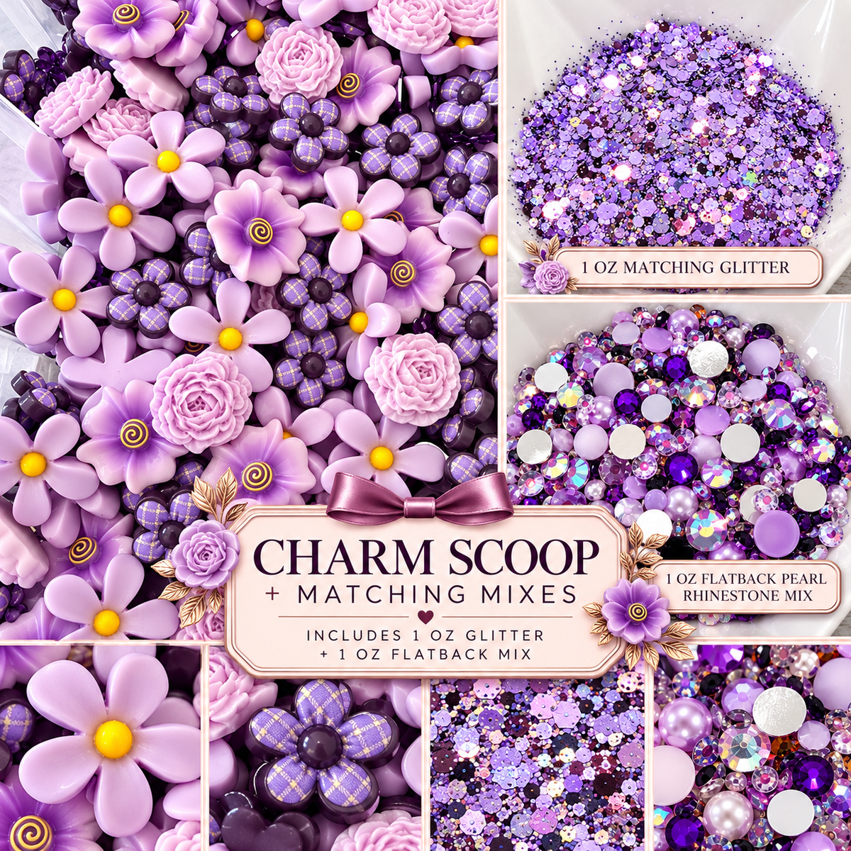 Flat Back Flower & Charm Mix With Matching Glitter & Flat Back Rhinestone Pearl Mix, Lavender Luxe