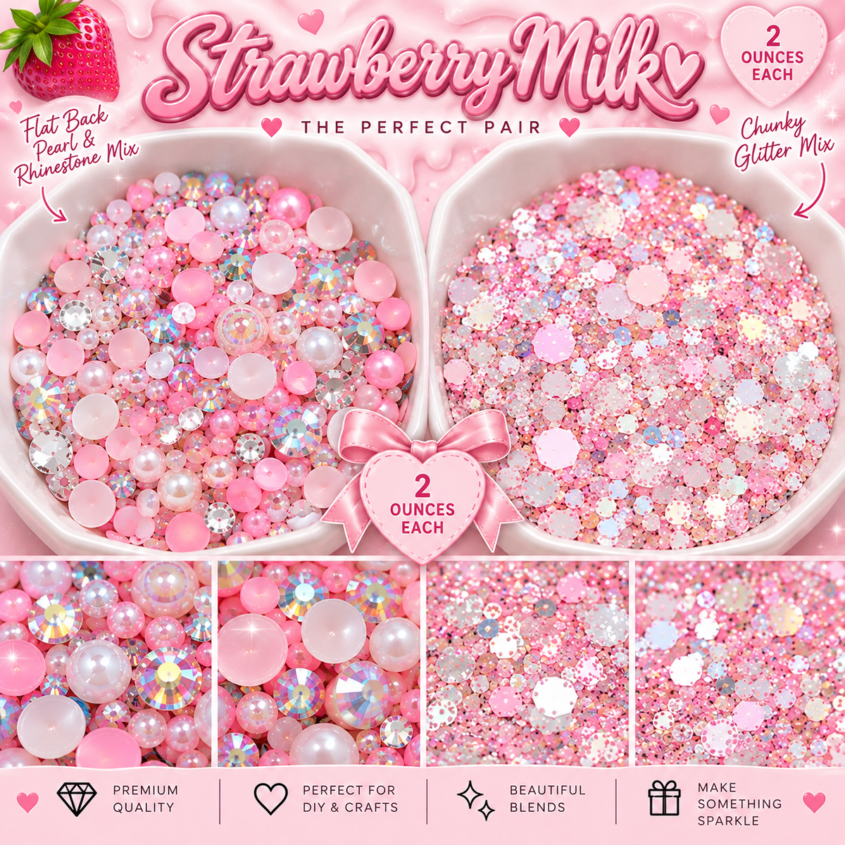 Flat Back Pearl & Rhinestone Mix W/Chunky Mix Glitter, Strawberry Milk