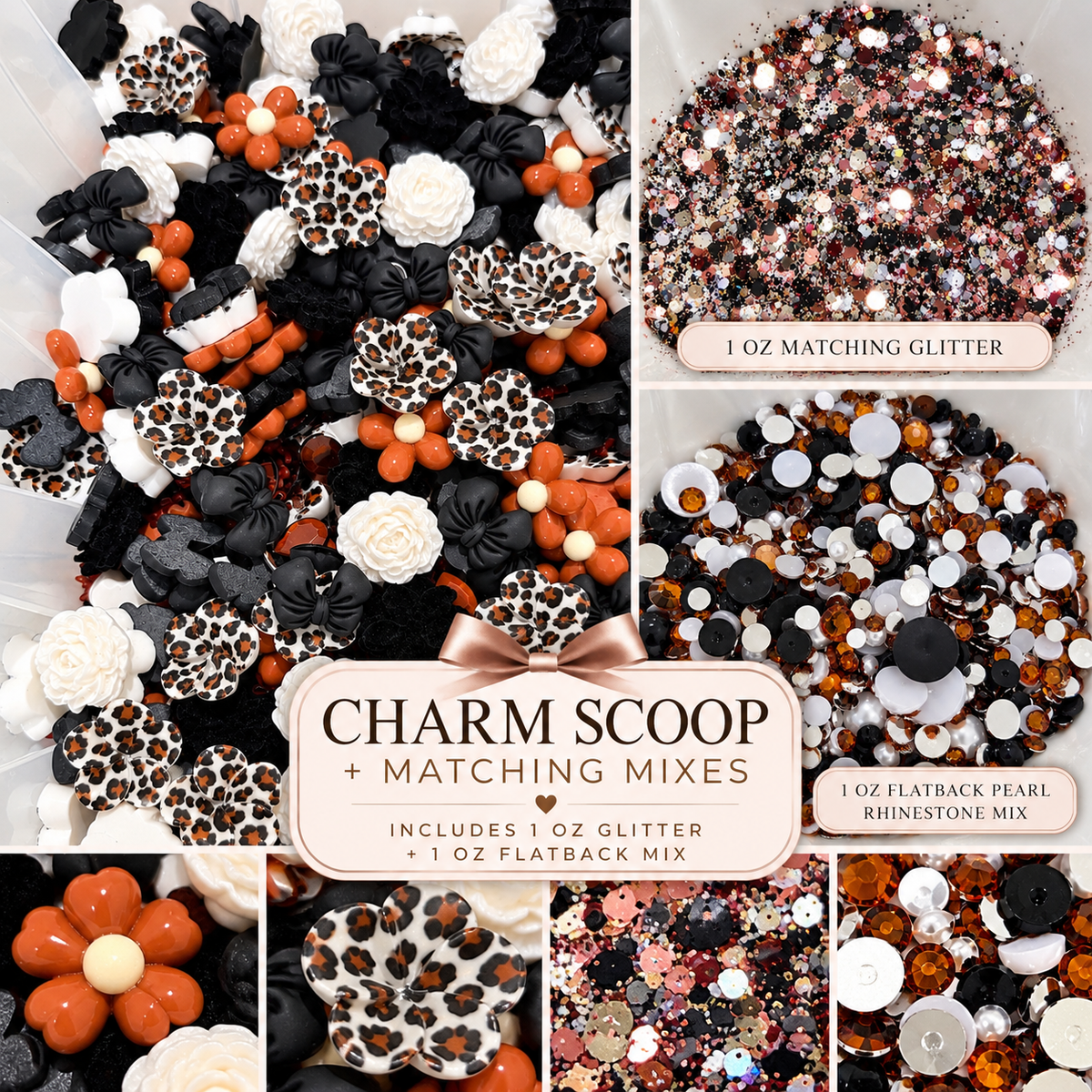 Flat Back Flower & Charm Mix With Matching Glitter & Flat Back Rhinestone Pearl Mix, Caramel Crush