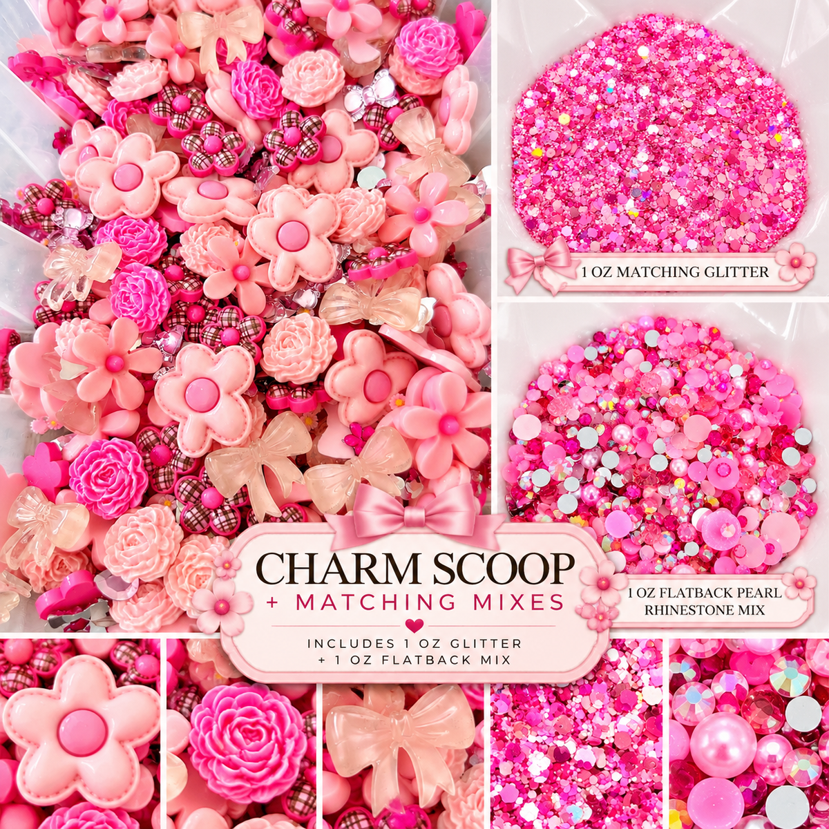 Flat Back Flower & Charm Mix With Matching Glitter & Flat Back Rhinestone Pearl Mix, Pretty In Pink