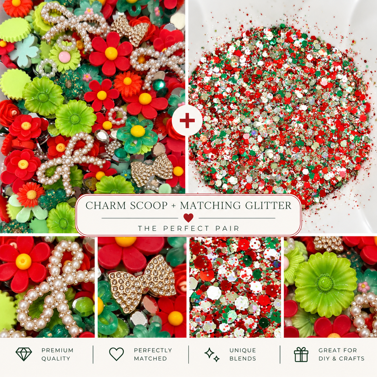 Flat Back Flower & Charm Mix With Matching Glitter, Merry & Bright