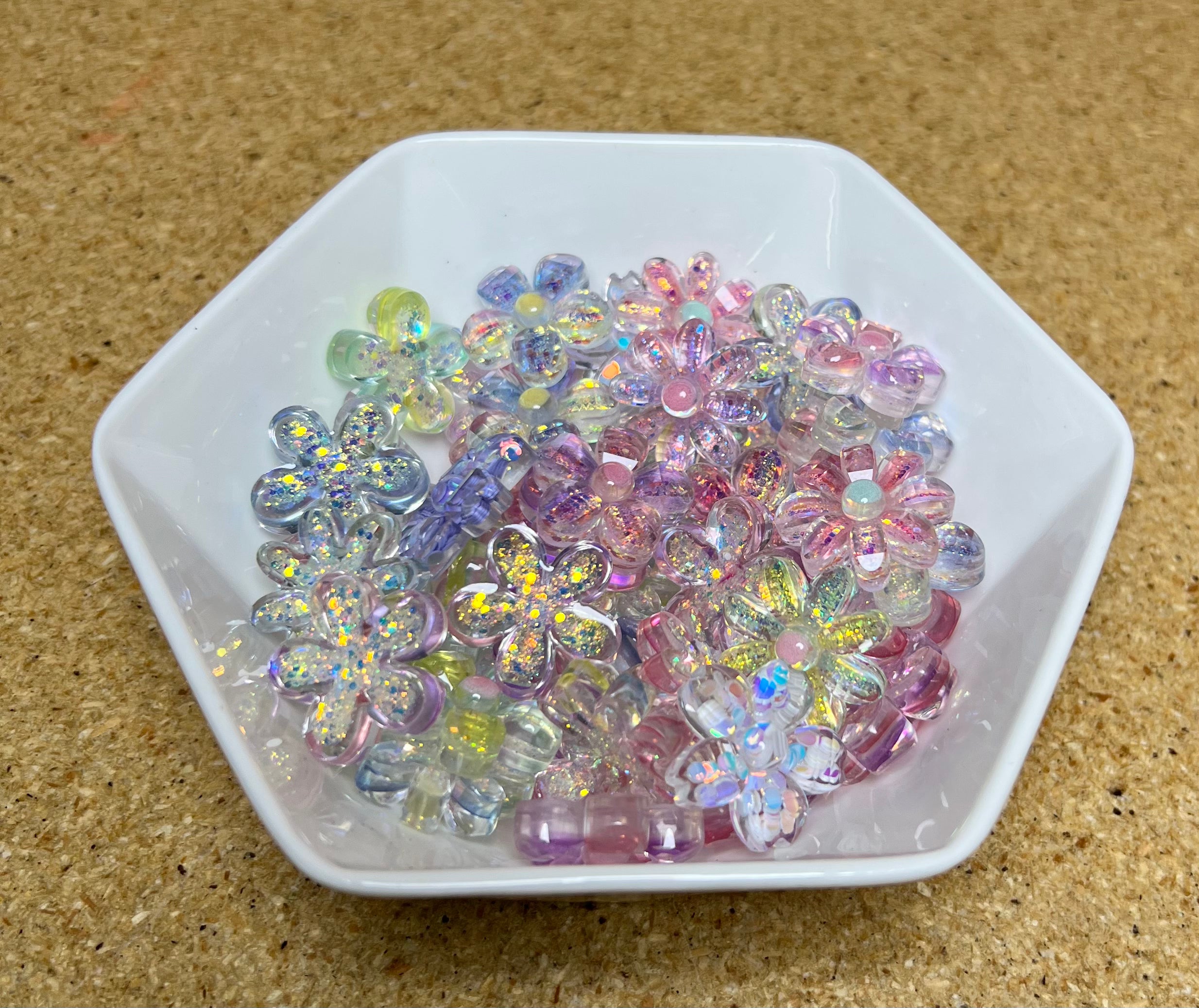 Resin Flat Back Flowers, Transparent Glitter, Assorted Colors
