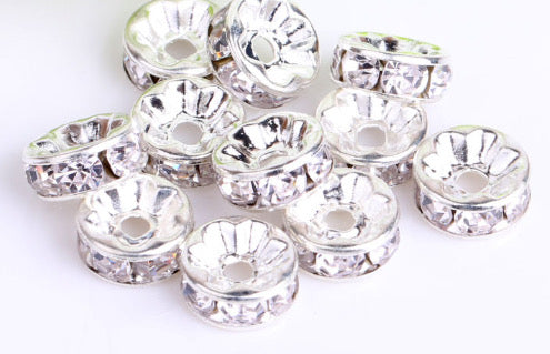 12 mm Rhinestone Spacer Beads, 50 pieces. Gold, Clear or Rainbow.