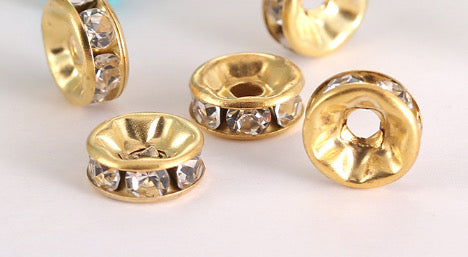 12 mm Rhinestone Spacer Beads, 50 pieces. Gold, Clear or Rainbow.