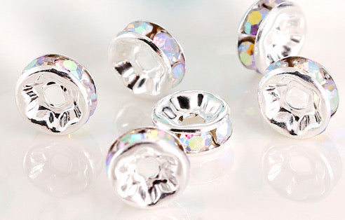 12 mm Rhinestone Spacer Beads, 50 pieces. Gold, Clear or Rainbow.