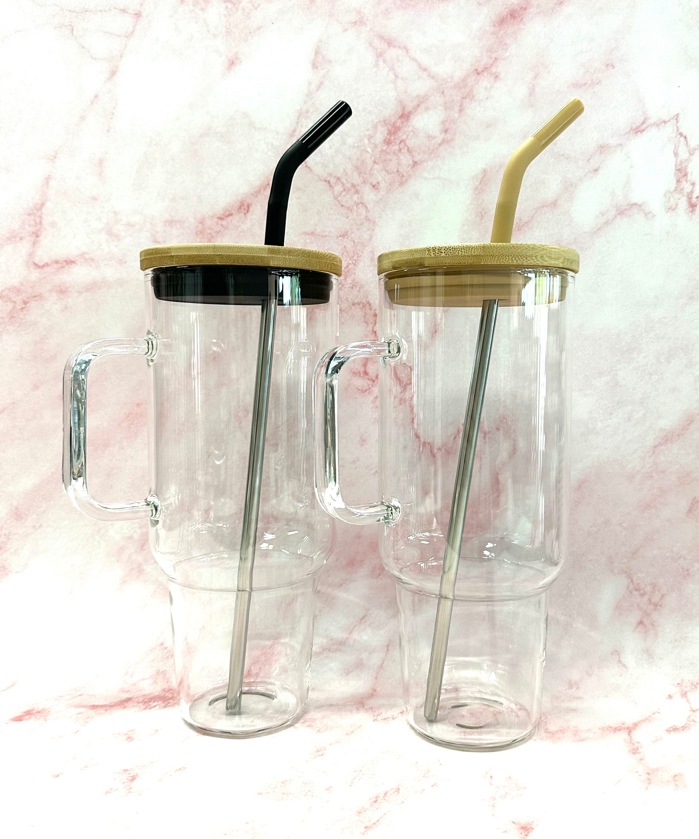 40 oz Glass Mug Tumbler W/Bamboo lid, Stainless Steel Straw