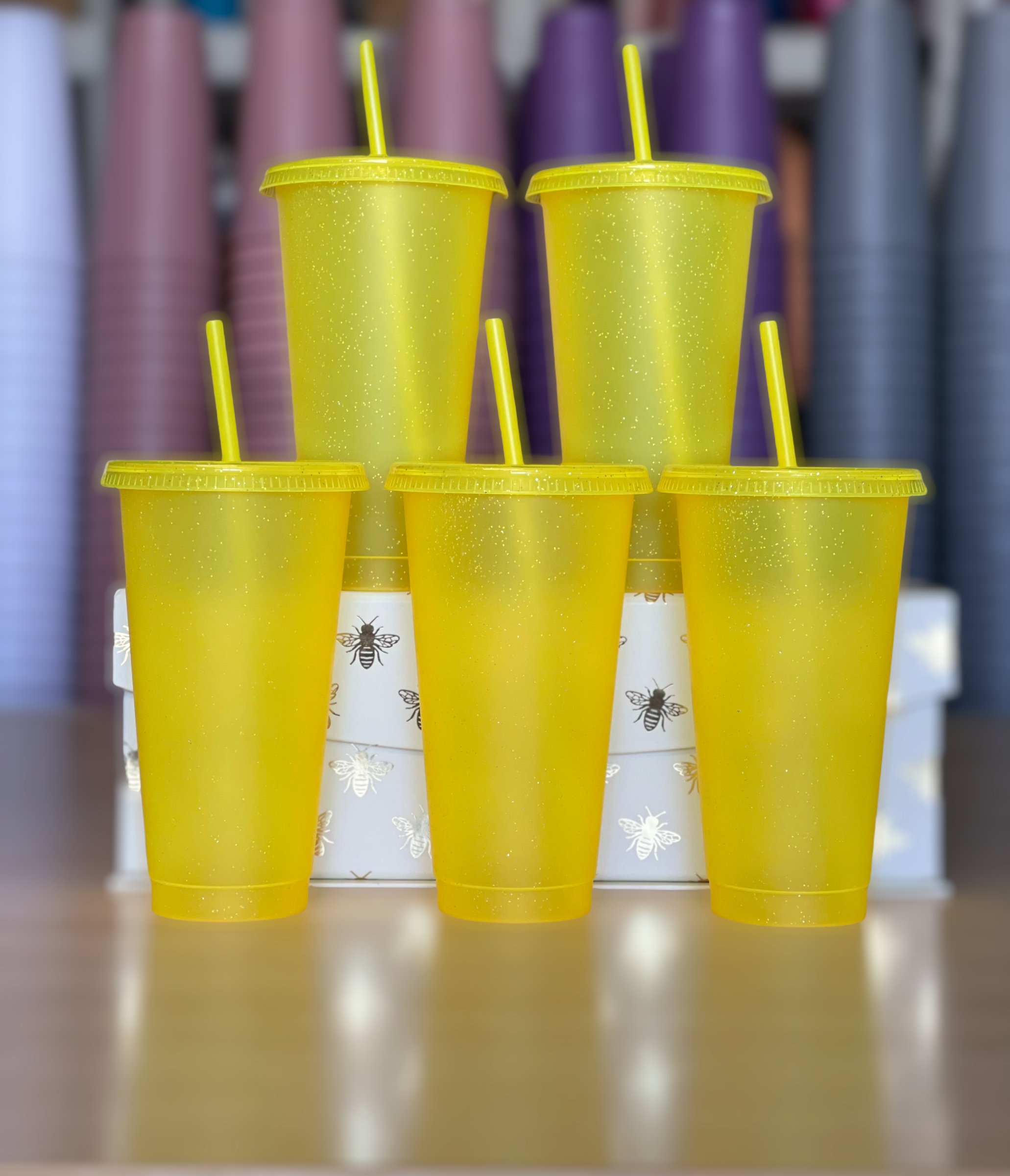 24oz Glitter Cold Cups, The Neon Collection Yellow 5 Pack