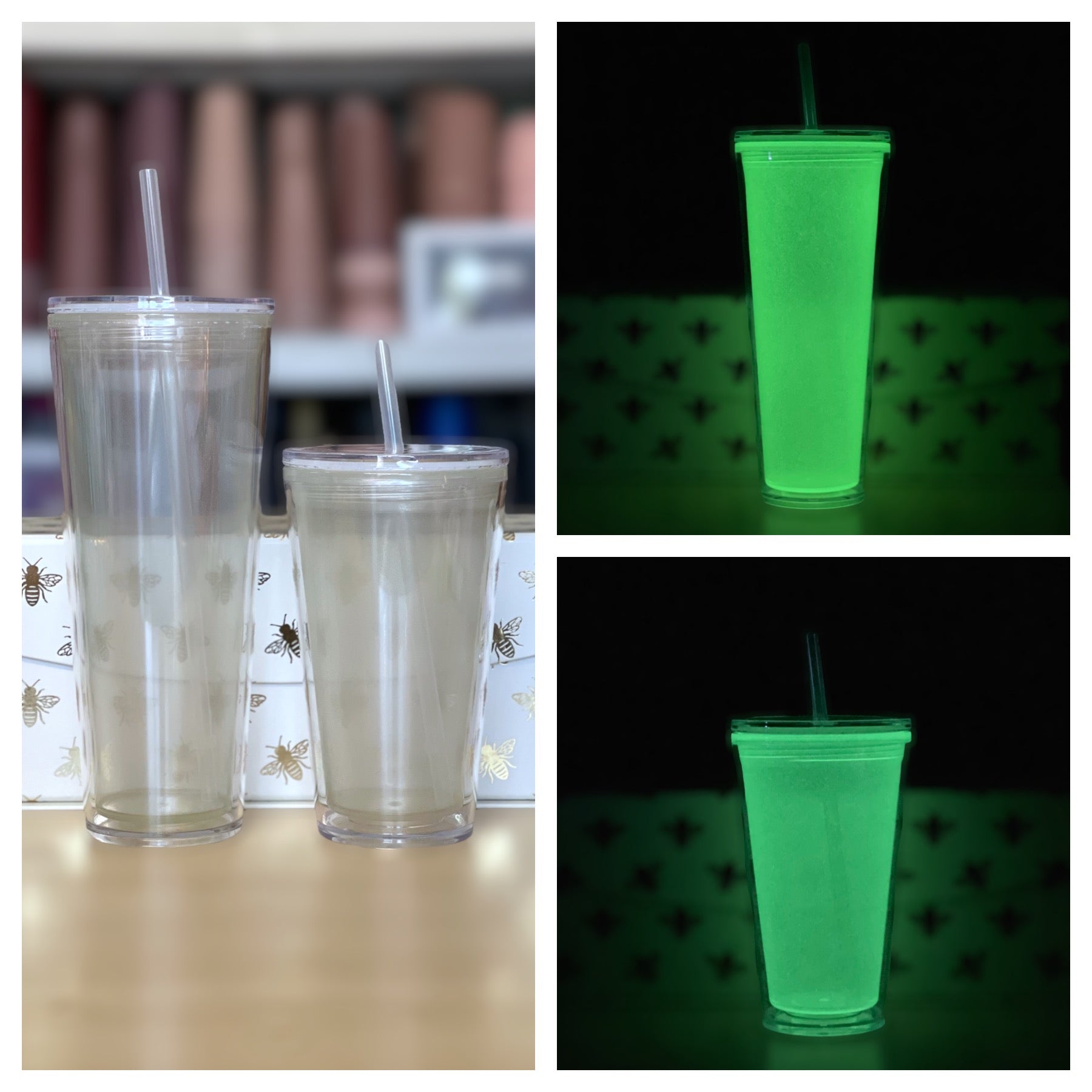 Clear Double Wall Tumbler, Glow in the Dark, 24 oz or 16 oz