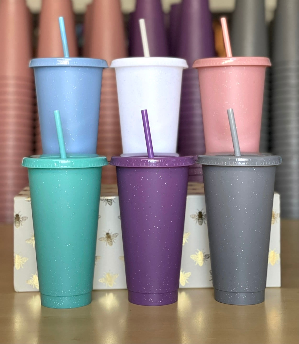 Clear Glitter Reusable Plastic Cold Cups, 24 Oz & 16 Oz, Set of 5 Cups 