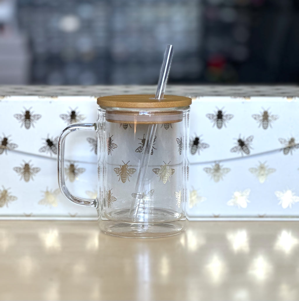 32 oz Glass Mug Tumbler W/Bamboo lid, Stainless Steel Straw – Cali Bees  Creations