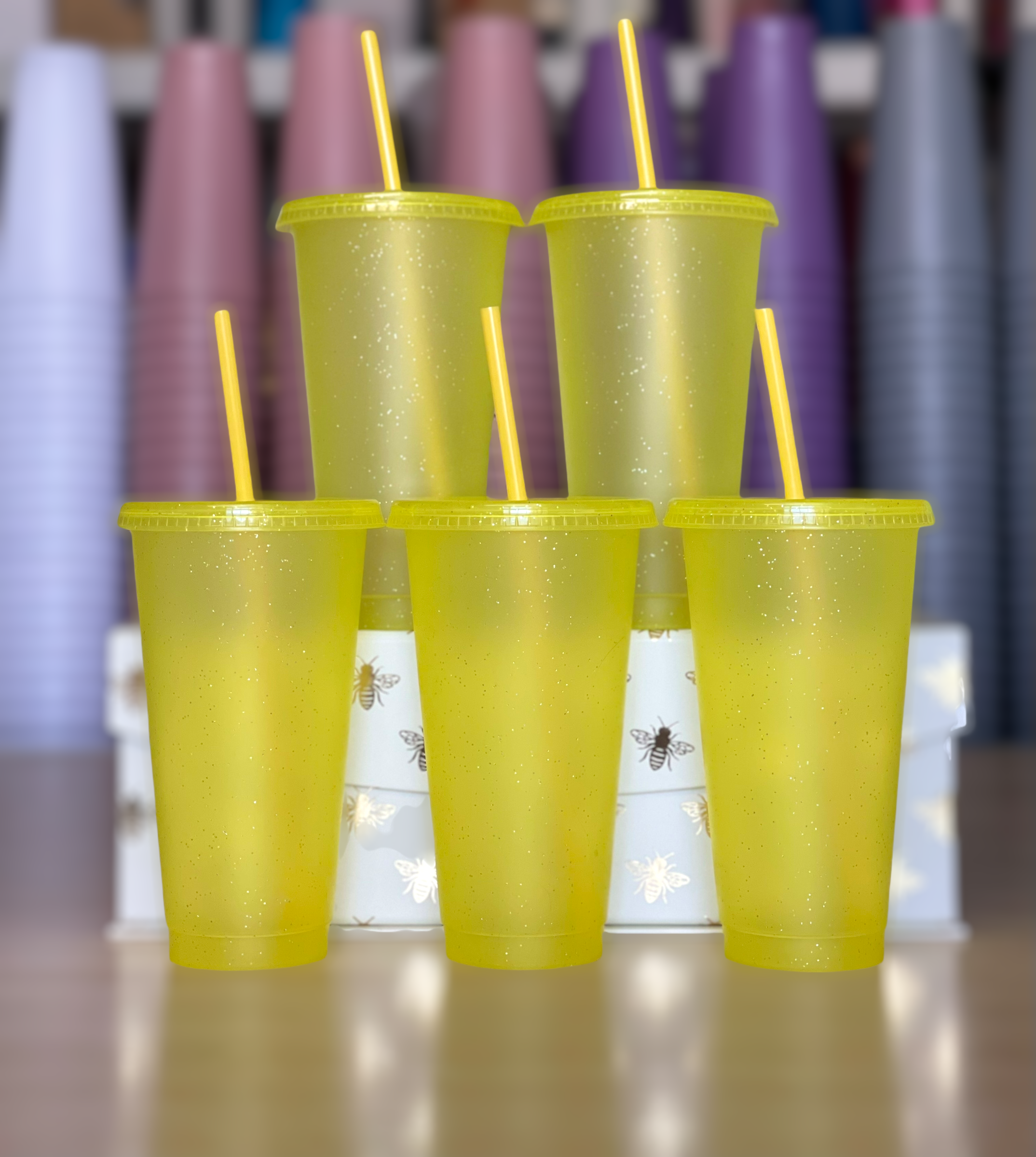 24oz Glitter Cold Cups, Bright Yellow 5 Pack