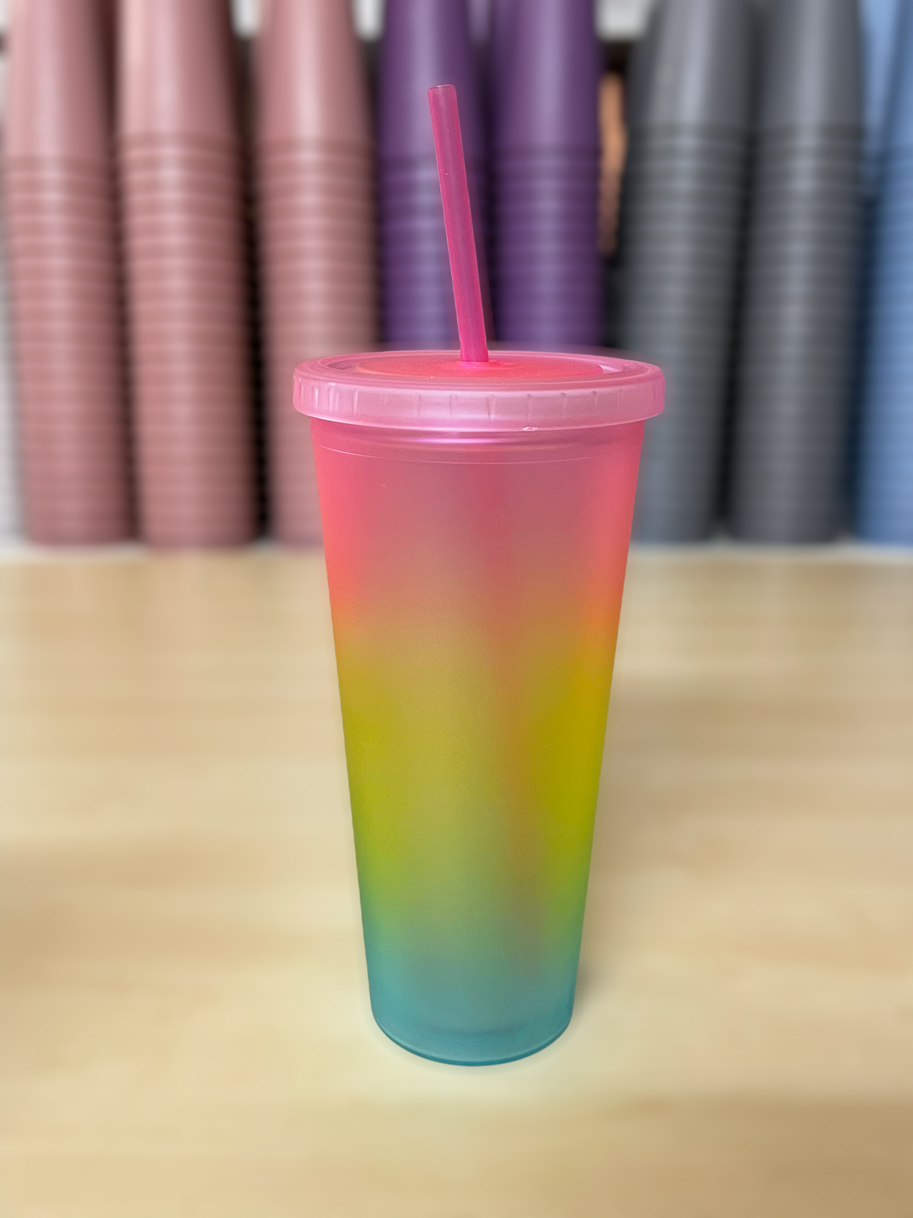 24 oz Double Wall Acrylic Tumbler, Light Pink Rainbow