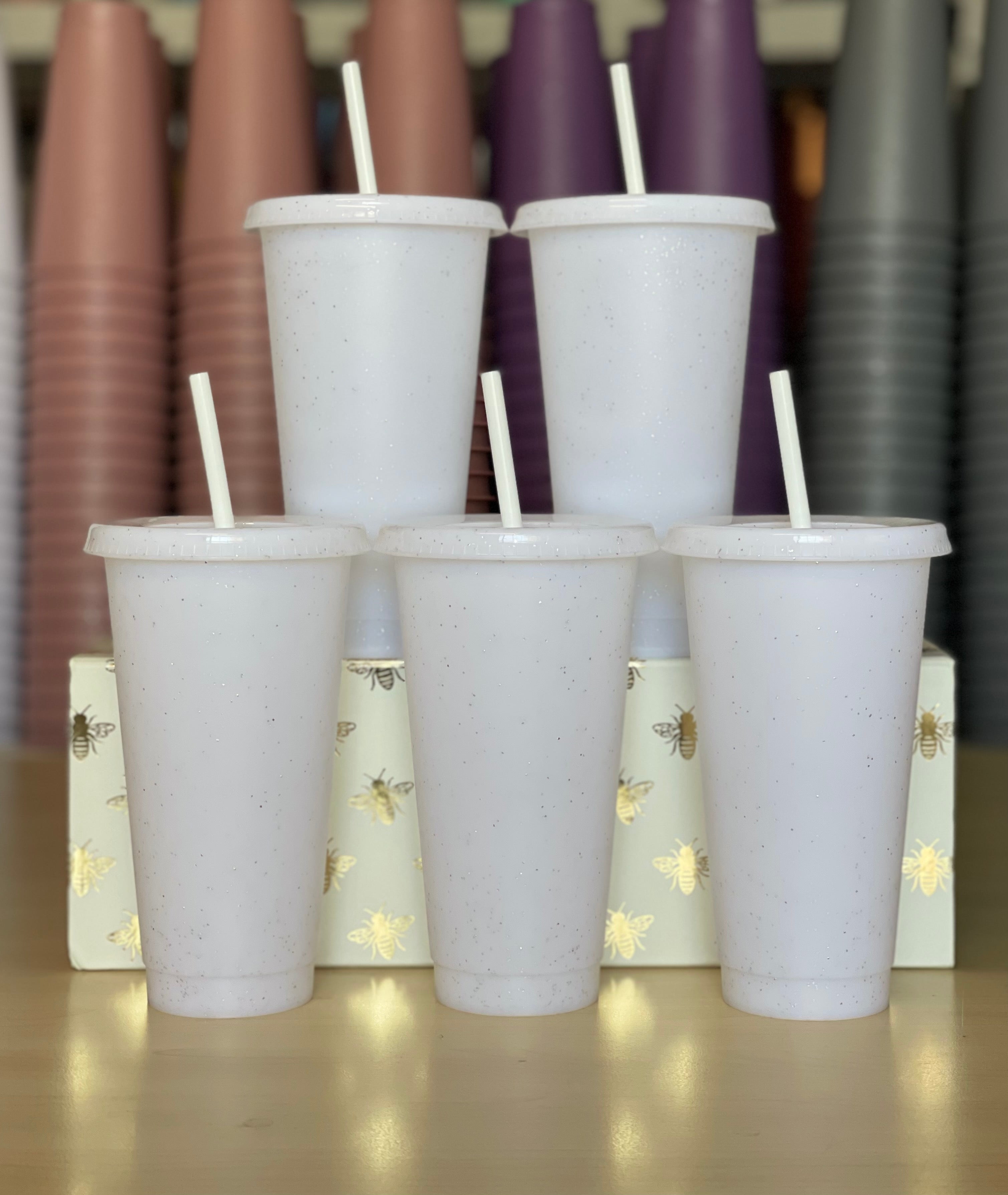 24oz Solid Glitter Cold Cups, The Bestie Collection, 5 pack, Pure Friendship (White)