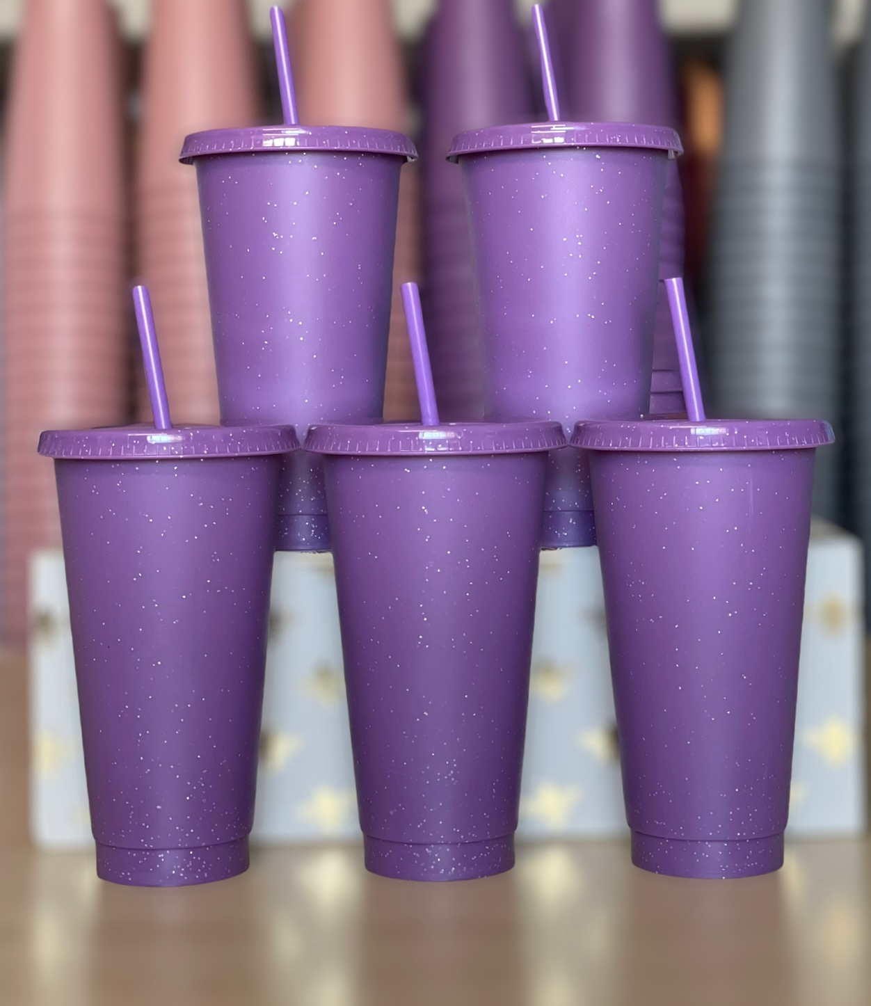 24oz Solid Glitter Cold Cups, The Bestie Collection, 5 pack Purple