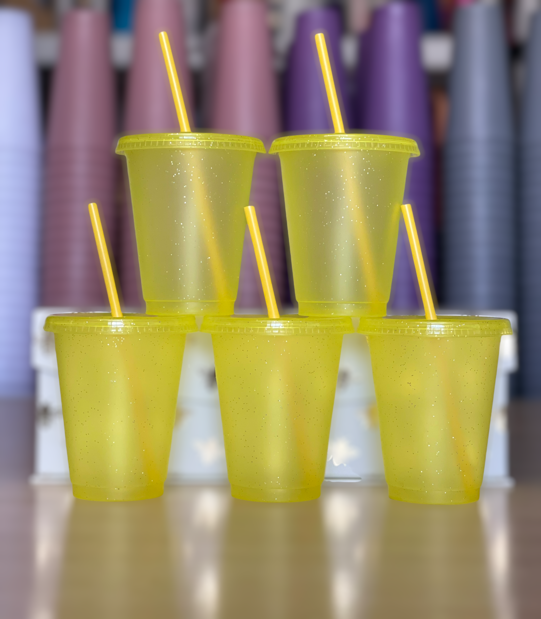 16oz Glitter Cold Cups, Bright Yellow 5 Pack