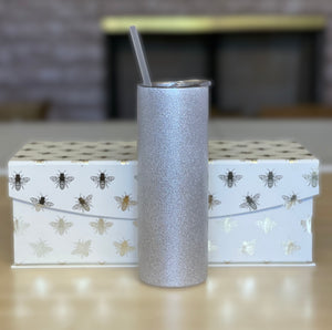 20 oz Skinny Straight Sublimation Tumbler, Silver Glitter