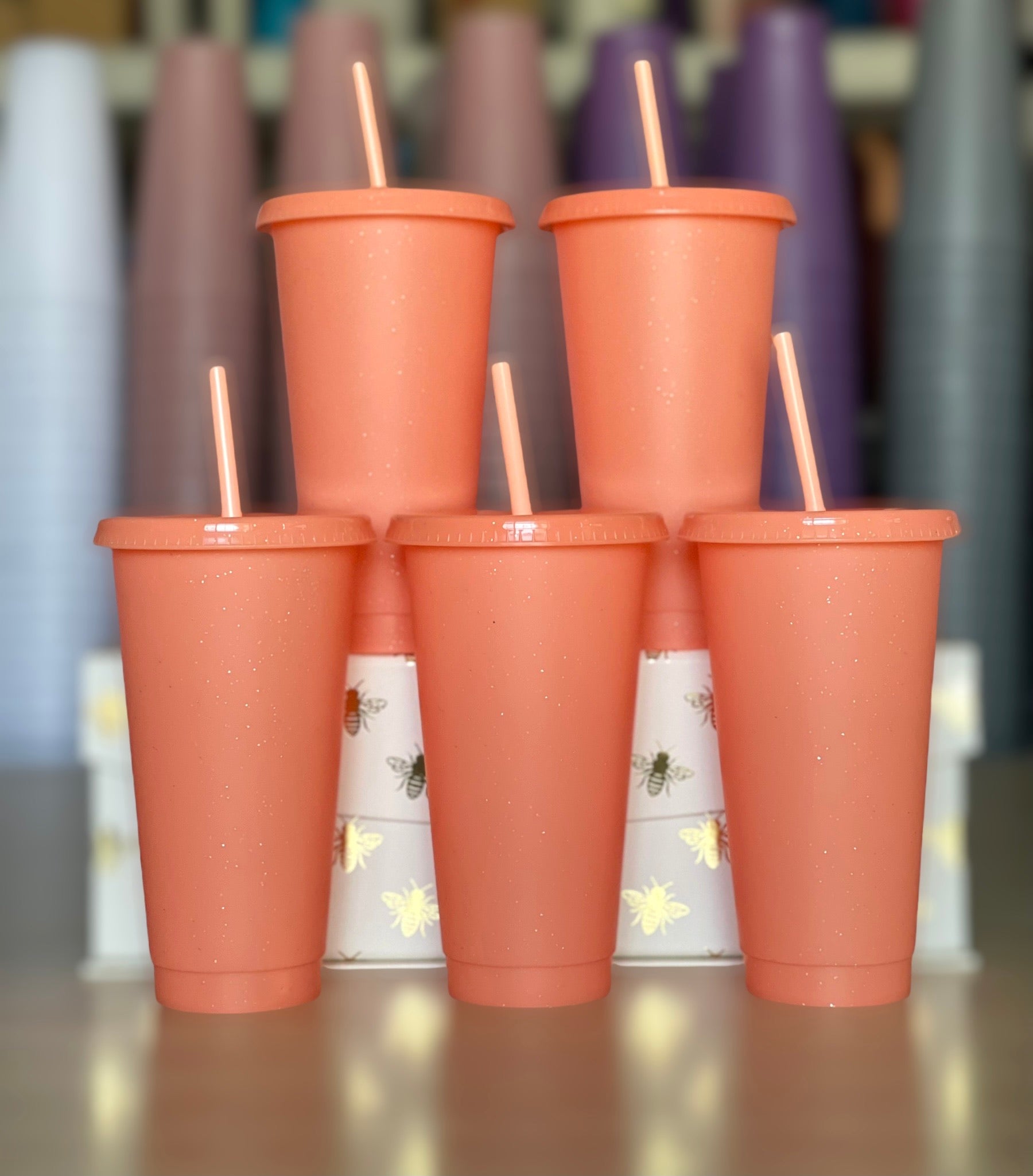 24oz Solid Glitter Cold Cups, Tropical Collection, Peach Mango 5 Pack